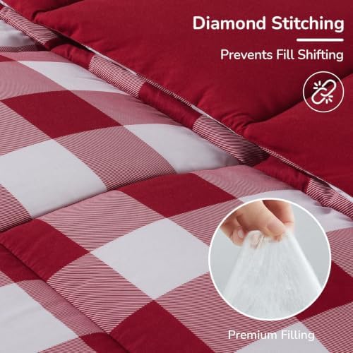 downluxe Lightweight Plaid Comforter Set (King) with 2 Pillow Shams - 3-Piece Set - Red/White Plaid - Down Alternative Reversible Comforter