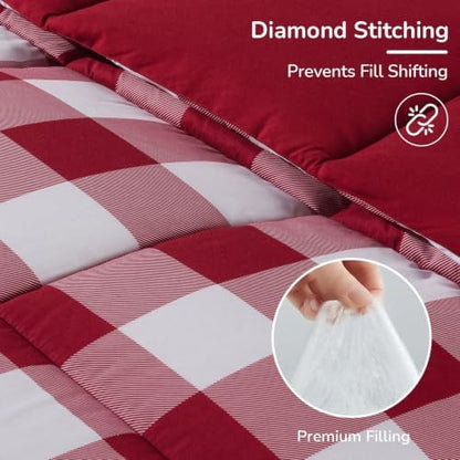 downluxe Lightweight Plaid Comforter Set (King) with 2 Pillow Shams - 3-Piece Set - Red/White Plaid - Down Alternative Reversible Comforter