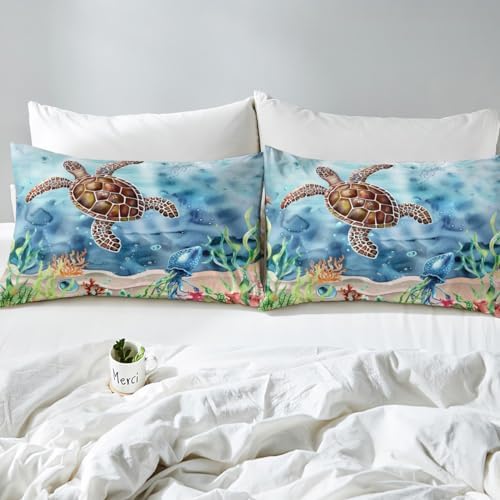 Sea Turtle Comforter Set Twin Size Ocean Themed Bedding for Boys Ghirls Marine Animals Bedding Comforter Sets Sea Horse Octopus Jellyfish Print Duvet Insert 2 Pcs Seaweed Decor Turtle Quilt