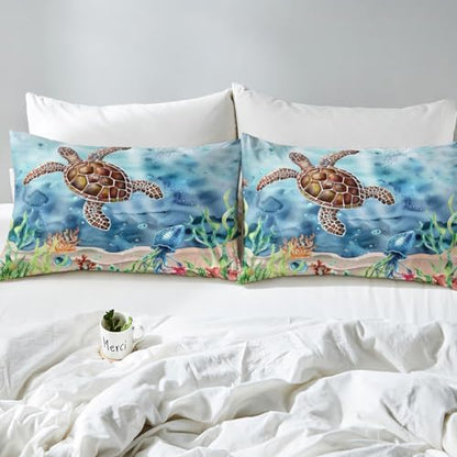 Sea Turtle Comforter Set Twin Size Ocean Themed Bedding for Boys Ghirls Marine Animals Bedding Comforter Sets Sea Horse Octopus Jellyfish Print Duvet Insert 2 Pcs Seaweed Decor Turtle Quilt