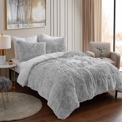 Queen Luxury Faux Fur Comforter Set - Soft & Breathable 7-Piece Bedding Collection - 1 Comforter, 1 Fitted Sheet, 1 Flat, 2 Pillowcases, 2 Pillow Shams - Deep Pocket - Premium Quality, Silver