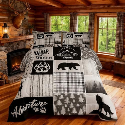 Manfei Deer Bear Comforter Set Twin Size,Pine Trees Christmas Bedding Set for Kids Boys Girls Adults Room Decor,Camping Adventure Rustic Farmhouse Down Comforter,Black Retro Duvet Insert,1 Pillowcase
