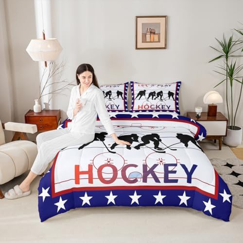 Homewish Ice Hockey Full Size Comforter Set,Hockey Sport Player Bedding Set for Adults Teens,Children Winter Extreme Sport Comforter Luxury Blue and Red Quilt Set Room Decor 3Pcs