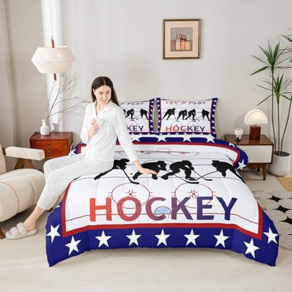 Homewish Hockey King Size Comforter Set,Kids Sports Gaming Decor All Season Bedding Set,Teens Hockey Sport Player Comforter,Girls Winter Extreme Sport Decor Quilt Set Bedroom Collection 3Pcs