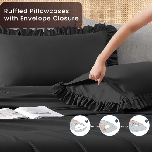 ROSE&RISY Queen Ruffle Sheet Set 4 Piece - Black Soft Lightweight Microfiber Bedding with Deep Pocket, Breathable Ruffled Flat Sheet & Pillowcases (Black, Queen Size)