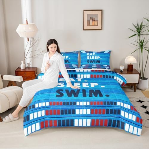 Homewish Swimmer Bedding Sets Twin Size,Swimming Lover Comforter Set 2Pcs for Kids Teens Boys Men Room Decor,Swimming Sports Quilted Duvet Swimming Lane Stripes Dark Blue Down Comforter,1 Pillowcase