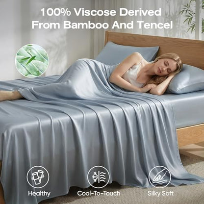 100% Real Bamboo Viscose & Lyocell Tencel Sheets Set King Size | Breathable & Cooling for Hot Sleeper | Luxury Silky Soft Fabric | 18" Deep Pocket with Corner Straps (French Blue, King)