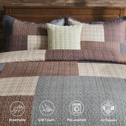 Finlonte 100% Cotton Queen Quilt Set, Farmhouse Plaid Queen Quilted Bedspread, Brown Lightweight Reversible Comforter Bedding Set for All Season, 3-Piece