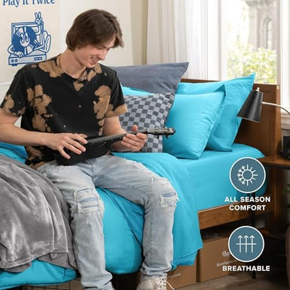 Bare Home Bed-in-A-Bag 5 Piece Comforter & Sheet Set - Twin XL - Goose Down Alternative - Ultra-Soft 1800 Premium Bed Set (Twin XL, Aqua/Aqua)