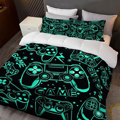 Sunnycitron Black Green Gamepad Gamer Comforter Set for Boys Gaming Bedding Set Teens Game Room Decor Full (1 Comforter + 2 Pillowcase)