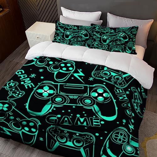 Sunnycitron Black Green Gamepad Gamer Comforter Set for Boys Gaming Bedding Set Teens Game Room Decor Twin (1 Comforter + 2 Pillowcase)