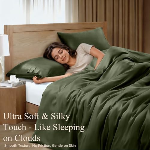 King Duvet Cover Set 3 Pieces, 100% Organic Viscose derived from Bamboo, Luxuriously Soft & Cooling, 1 Duvet Cover and 2 Pillowcases, 104" x 90"(King, Olive Green)