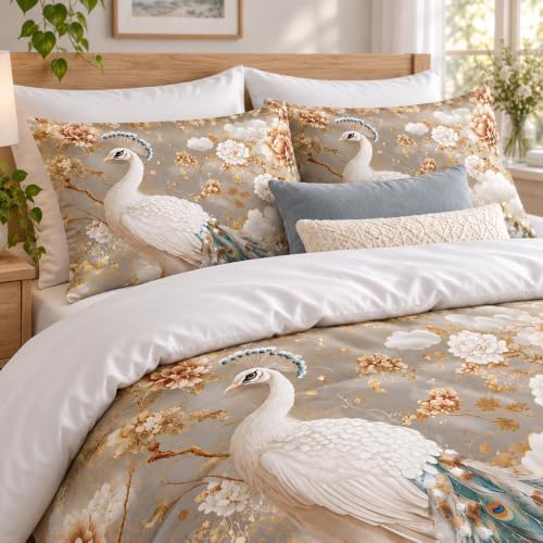 CCoutueChen Kids Twin Size Peacock Comforter Set, 2 Pcs Golden Floral Bird Feather Soft Bedding for Girls, Warm Microfiber Luxury Bed Set with 1 Pillowcase, 68"x86"