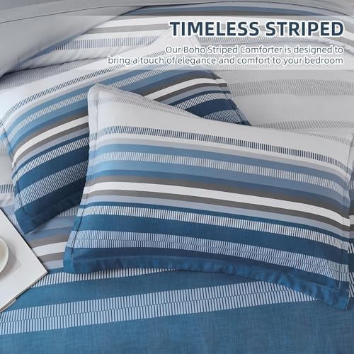 Dobuyly Grayish Blue King Size Comforter Set 7 Piece, Boho Striped Bed in a Bag Soft Microfiber All Season, Blue and Grey Bedding Set with Comforter, Sheets, Pillowcases & Shams