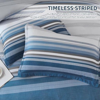 Dobuyly Grayish Blue King Size Comforter Set 7 Piece, Boho Striped Bed in a Bag Soft Microfiber All Season, Blue and Grey Bedding Set with Comforter, Sheets, Pillowcases & Shams
