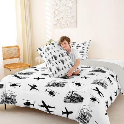 Feelyou Retro Vintage Train Comforter Set Queen Size Airplane Print Bedding Set for Kids Boys Girls Aircraft Transport Vehicles Duvet Quilt Bedroom Decor Microfiber 3 Pcs with 2 Pillow Cases