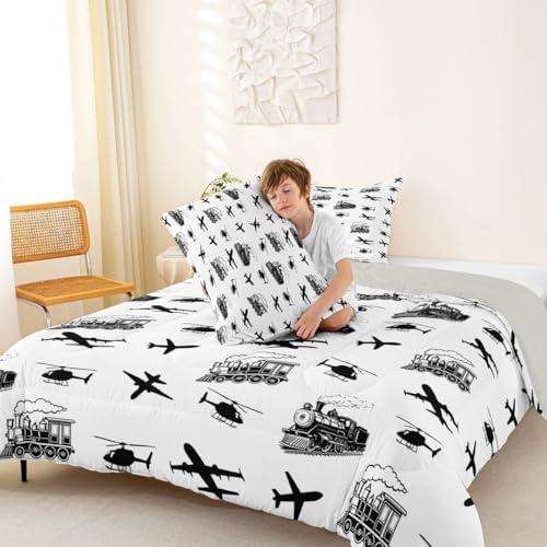 Feelyou Retro Vintage Train Comforter Set King Size Airplane Print Bedding Set for Kids Boys Girls Aircraft Transport Vehicles Duvet Quilt Bedroom Decor Microfiber 3 Pcs with 2 Pillow Cases
