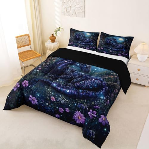 Feelyou Dragon Bedding Set Soft for Boys Girls, Jungle Dragon Comforter Set Queen Size Magical Beast Duvet Quilt Microfiber Fantasy Animal Bedroom Decor Wild Life 3 Pcs with 2 Pillow Cases