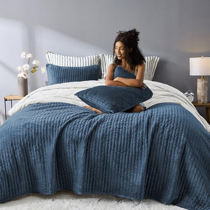 Wonderful - Velvet Quilt Set King Size Dusty Blue Soft Cotton-Feel Plush Coverlet with Shams, Premium Vertical Channel Stitched, Lightweight All-Season Bedspread