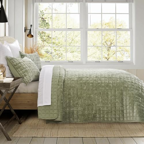 RECYCO Channel Box Stitch Velvet Quilt Set, Twin/Twin XL Size, Sage Green