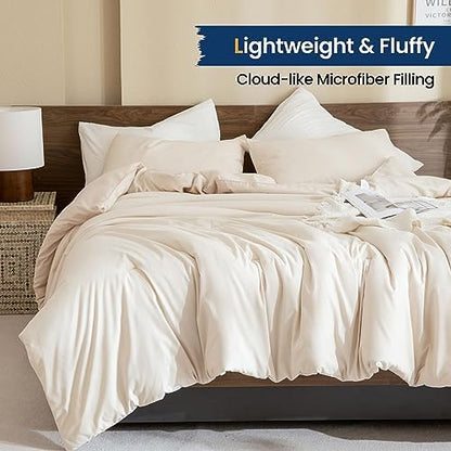 Paxrac Beige Oversized Queen Comforter Set 98x98In, 3 Pieces Comforter Set, Lightweight Solid Neutral Bedding Set, All Seasons Soft Fluffy Bed Set (1 Comforter & 2 Pillowcases)