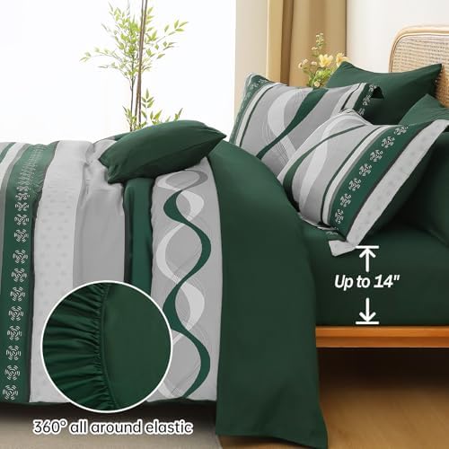 Anibedding Dark Green Comforter Set King,8 Pieces Striped Bed in a Bag