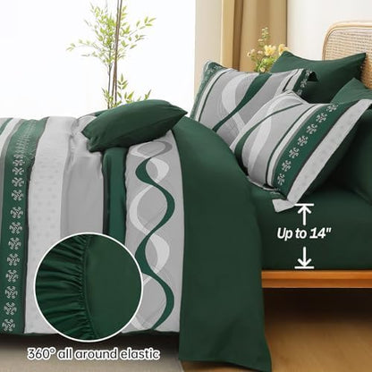 Anibedding Dark Green Comforter Set King,8 Pieces Striped Bed in a Bag