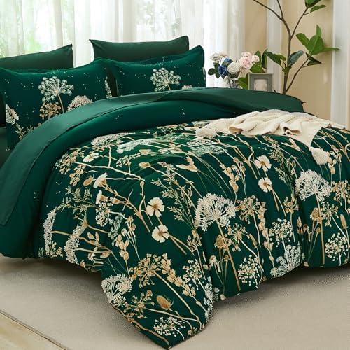 Yiran 7 Piece Comforter Set King Size, Dark Green Dandelion Floral Bedding Set, Botanical Bed in a Bag King, Soft Microfiber Complete Bedding Set with Comforter, Sheets, Pillowcases & Shams