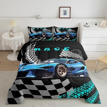 Erosebridal Toddler Race Car Bed for Boys,Black and White Buffalo Plaid Comforter Set Toddler Bedding Sets for Boys,Square Grid Lattice Quilt,Blue Extreme Sports Car Duvet Insert King Size