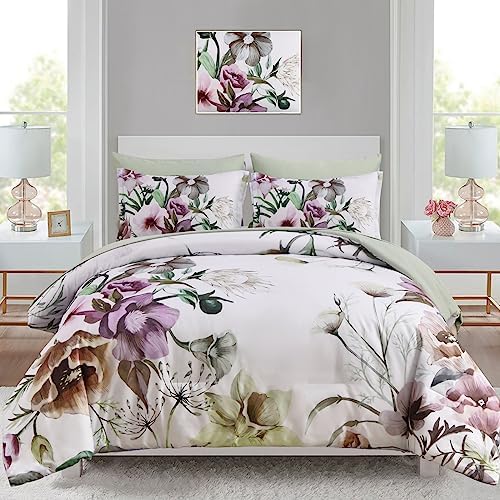 Luxudecor Floral Comforter Set Twin Size 5 Piece, Green Flower Bed in a Bag, Elegant Floral Comforter with Sheet Set, Soft Microfiber Bedding Set for All Season (Green, 68"x86")