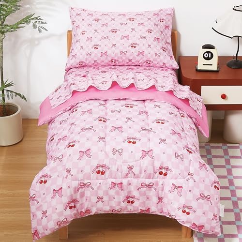 lasoftan Toddler Bedding Set, Toddler Bed Comforter Sets for Girls, Toddler Bed Set, Pink Cherry Printed