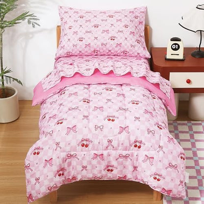lasoftan Toddler Bedding Set, Toddler Bed Comforter Sets for Girls, Toddler Bed Set, Pink Cherry Printed
