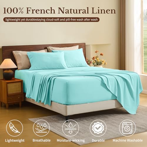 MEISHANG 100% French Linen Sheets Queen,6 Pcs,18-24" Extra Deep Pocket