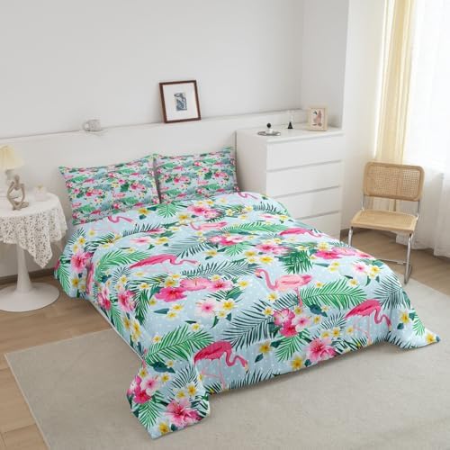 Manfei Pink Flamingo Kids Comforter Set Twin Size,Palm Leaves Flowers Rustic Bedding Set,Boys Girls Adults Room Decor,Tropical Plants Animals Dots Down Comforter,Blue Dreamy Duvet Insert,1 Pillowcase