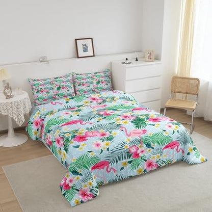 Manfei Pink Flamingo Kids Comforter Set Twin Size,Palm Leaves Flowers Rustic Bedding Set,Boys Girls Adults Room Decor,Tropical Plants Animals Dots Down Comforter,Blue Dreamy Duvet Insert,1 Pillowcase