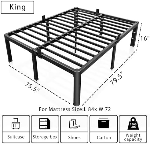 ROIL 16 Inch King Bed Frame with Rounded Corner & 4 Mattress Baffles