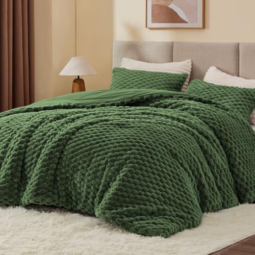 BEDELITE Fluffy Queen Comforter Set, Olive Green Fleece Bed Set 3 Pieces