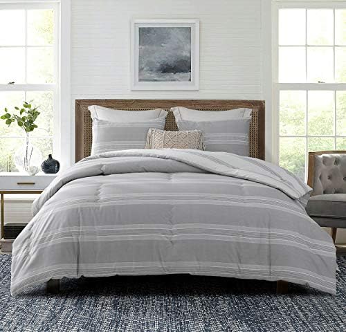 SLEEPBELLA Comforter King Size, 600 Thread Count Cotton Light Gray & White Stripes Reversible Pattern Grey Comforter Sets,Down Alternative Bedding Set 3Pcs (King, Grey Stripes)