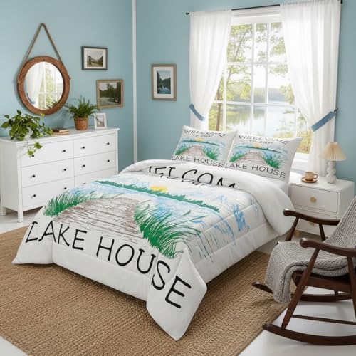 Lake House Comforter Set Full Size Rustic Farmhouse Bedding Set for Kids Adults Women Teens Cabin Home Room Decor Watercolor Lake Mountain Scenery Quilted Duvet Retro Plaid Print Duvet Insert 3pcs