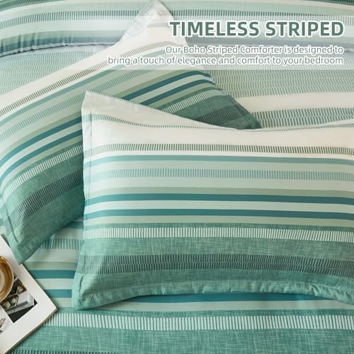 Dobuyly Comforter Set Queen Size 7 Piece, Boho Striped Sage Green Bed in a Bag Queen Soft Microfiber Bedding Sets with Comforter, Sheets, Pillowcases & Shams All Season