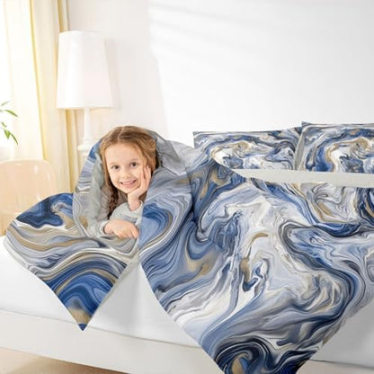 jejeloiu Blue Gray Gold Marble Bedding Set Soft for Boys Girls, Modern Marble Aesthetic Comforter Set King Size Retro Watercolor Duvet Quilt Abstract Texture Bedroom Decor 3 Pcs with 2 Pillow Cases
