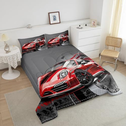 Feelyou Red Race Car Comforter Set Sports Car Bedding Set for Kids Boys Girls Extreme Sport Theme Gorgeous Duvet Set Cool Speed Automobile Decor Quilt Set with 2 Pillowcases 3Pcs Bedding Full