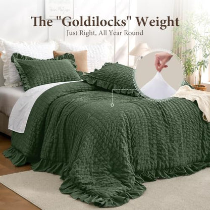 JOLLYVOGUE Olive Green Queen Comforter Set,3pcs Ruffle Seersucker Bed Set