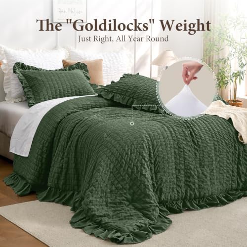 JOLLYVOGUE Olive Green King Comforter Set,3pcs Seersucker Comforters King