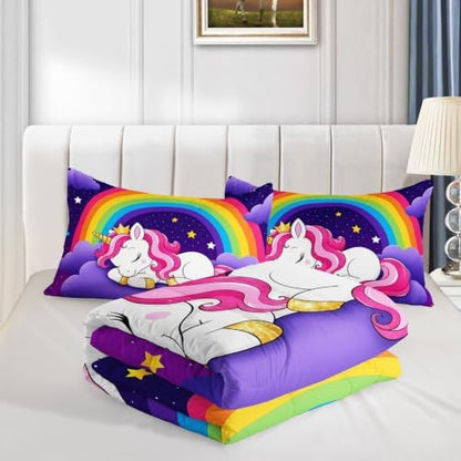 Cute Unicorn Twin Size Comforter Set for Girls with 2 Pillowcases.