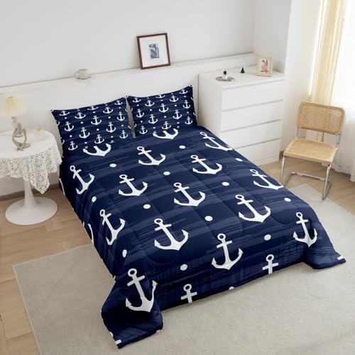 Manfei Anchor Comforter Set Full Size, Nautical Theme Down Comforter with 2 Pillowcases, Rustic Farmhouse Navy Blue Bedding Set 3pcs for Kids Boys Teens Bedroom Decor Lightweight Duvet Insert