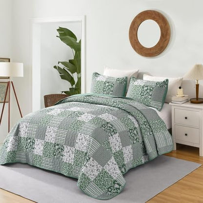Mybedsoul Green Quilt Set Twin Size Dorm Bedding, Patchwork Bedding Set