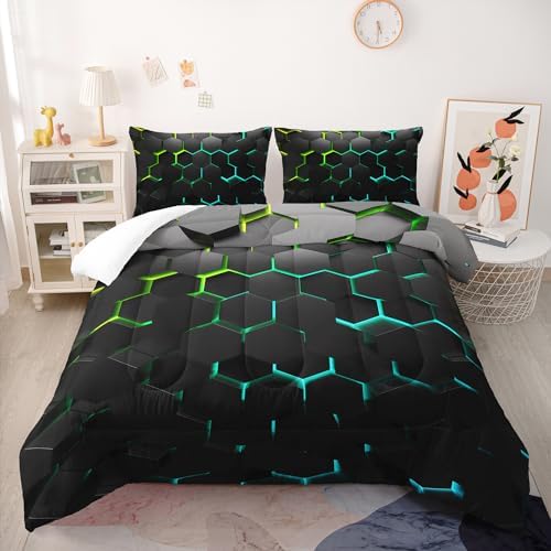 Geometric Green Black Neon Comforter Set,Light Honeycomb 3 Piece Bedding Set Twin for Teen Boys,Modern Bedding Quilt Set Geometry Decor,Microfiber Lightweight 1 Comforter 2 Pillowcases All Season