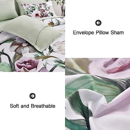 Luxudecor Floral Comforter Set Full Size 7 Piece, Green Flower Bed in a Bag, Elegant Floral Comforter with Sheet Set, Soft Microfiber Bedding Set for All Season (Green, 80"x90")