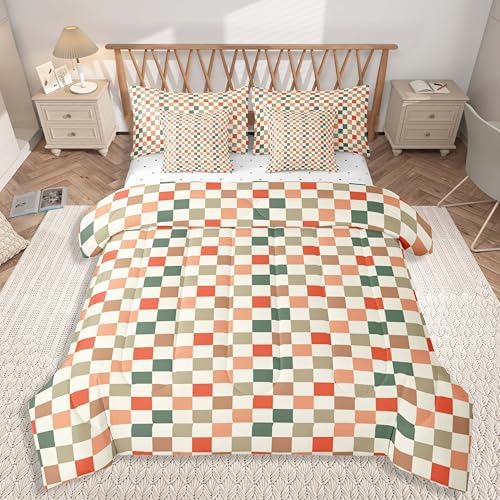 jejeloiu Orange Green Red Bedding Set 7Pcs King Size Kids Buffalo Plaid Comforter Set with Sheets for Boys Girls Checkered Grid Bed in a Bag Soft Lightweight,Microfiber